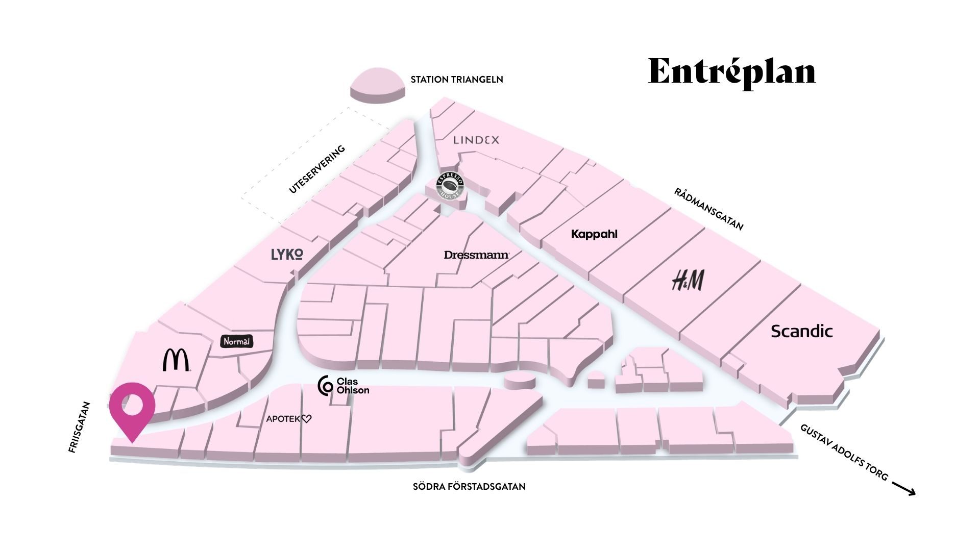 Karta över Triangeln köpcentrum i Malmö med Cutters logotyp och frisörsalongens läge markerat.
